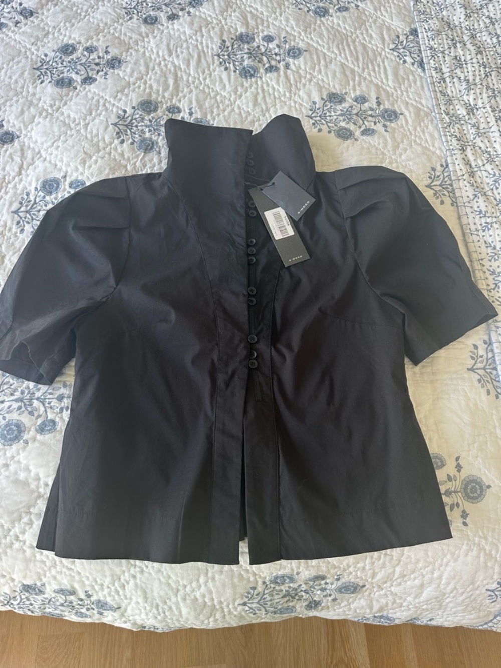 Structured Black Short sleeve Blouse with statement collar